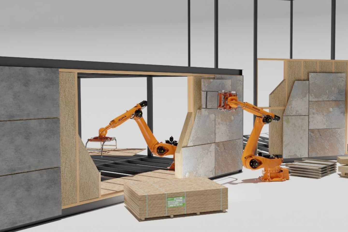 modulare Wände und Holzplatten werden von Roboterarmen zusammengestell/bei Verlinkung führt Link zur Projektwebsite