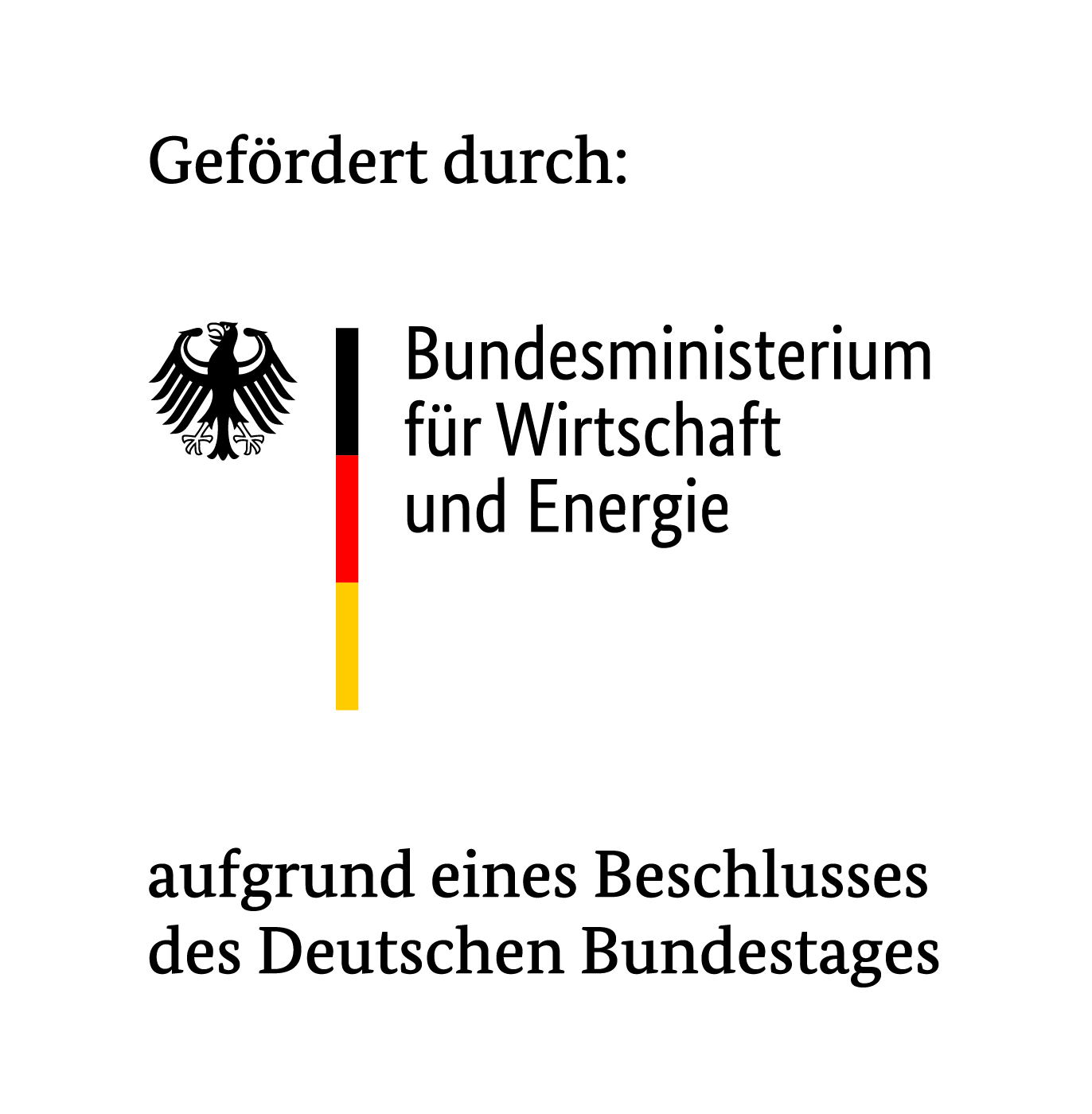 Logo des Bundesministerium für Wirtschaft und Energie inklusive Förderhinweis Bundestag